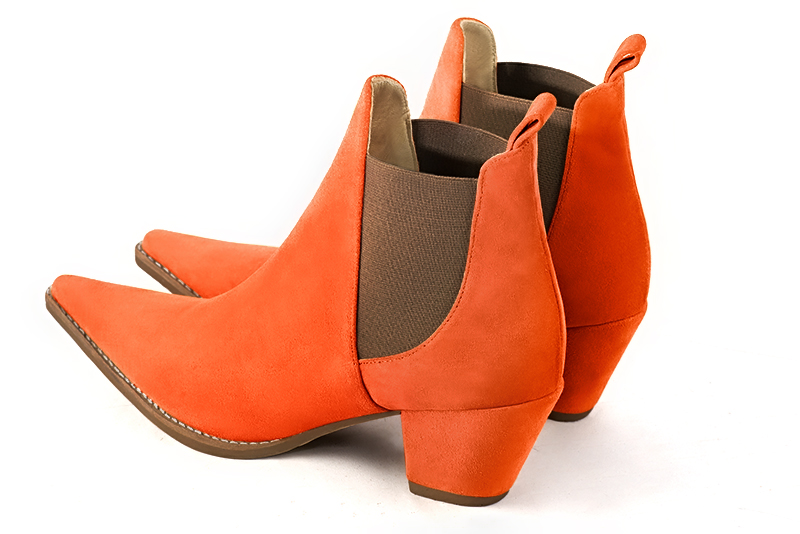 Clementine orange and taupe brown women's ankle boots, with elastics. Pointed toe. Medium cone heels. Rear view - Florence KOOIJMAN